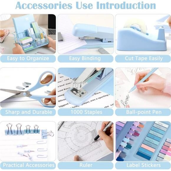 Blue desk accessories set 10 piece organizer stapler tape dispenser office suppl - Picture 5 of 7